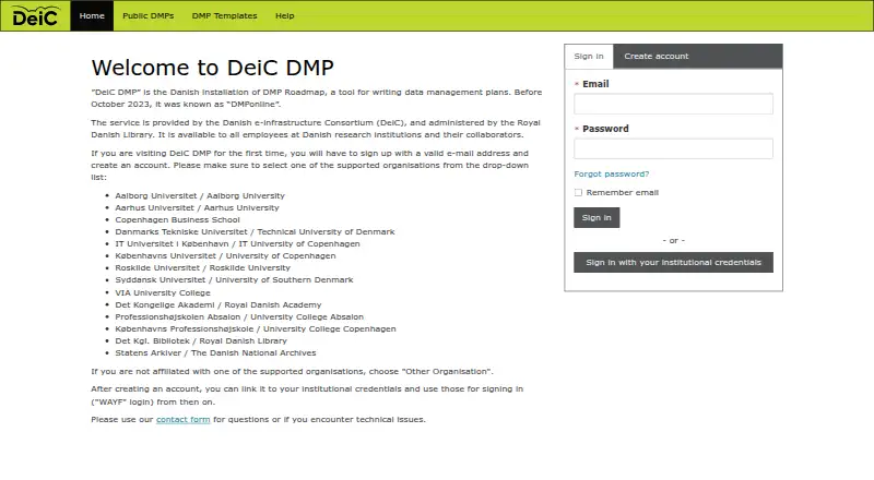 DeiC DMP's website