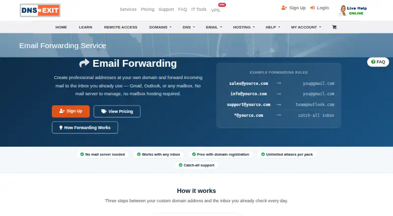 DNSExit Email Forwarding's website