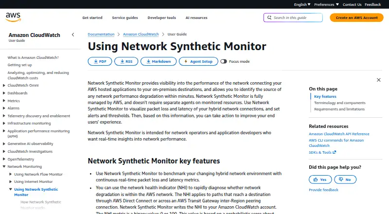 The AWS Network Synthetic Monitor homepage