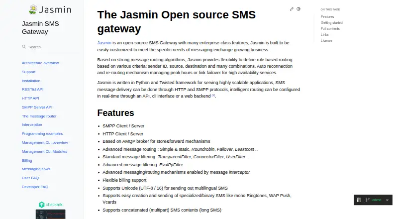 The Jasmin SMS Gateway homepage