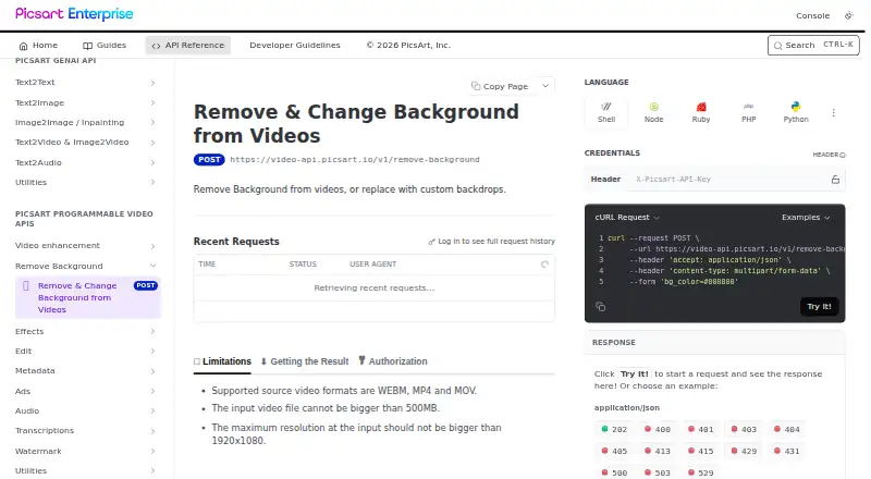 Picsart Video Background Removal API's website