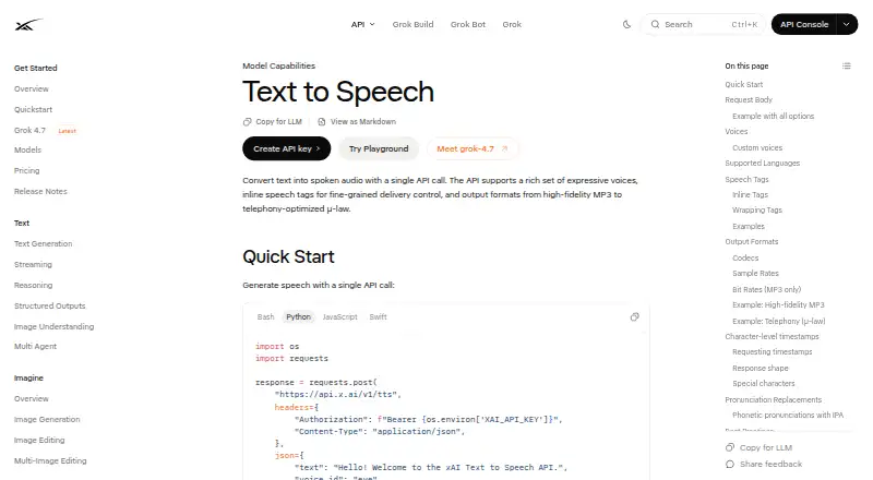 The xAI Text-to-Speech homepage