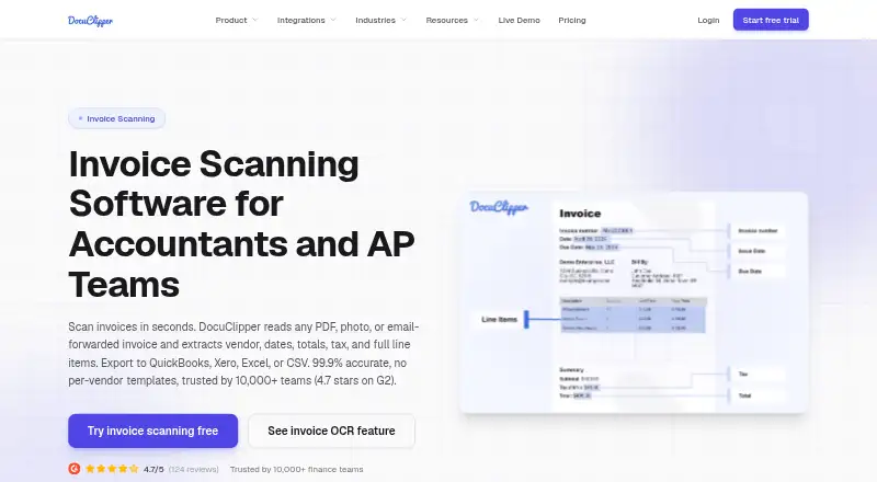 DocuClipper Invoice Processing's website