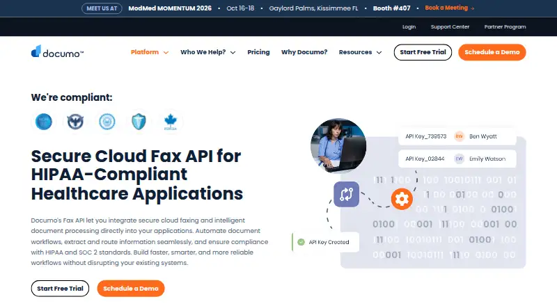 Documo Fax API's website