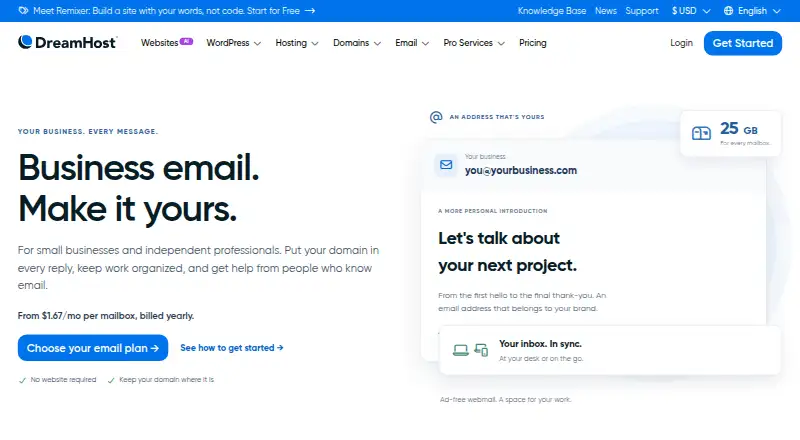 DreamHost Professional Email's website
