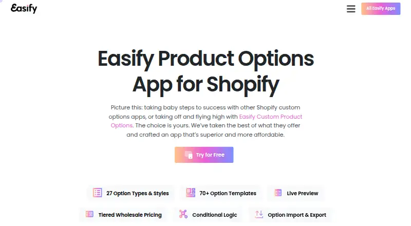 The Easify Custom Product Options homepage