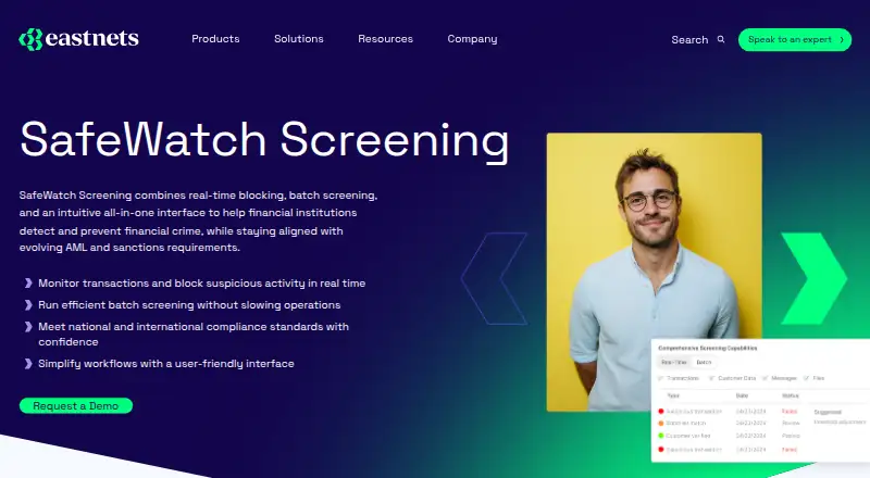 Eastnets SafeWatch Screening's website