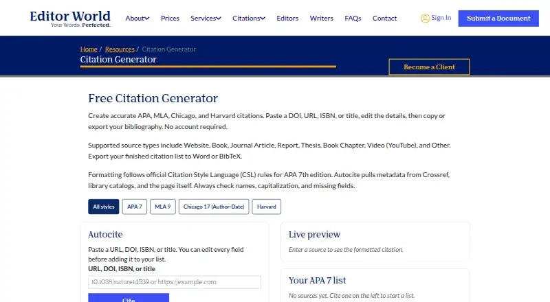 Editor World Citation Generator's website