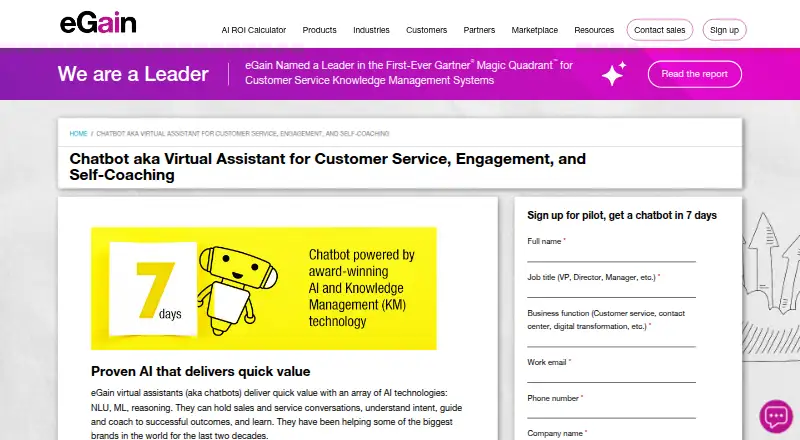 The eGain Virtual Assistant homepage