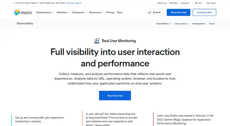 Elastic Real User Monitoring's website