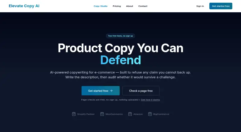 The Elevate Copy AI homepage