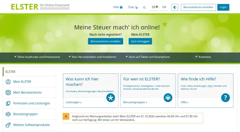 The Mein ELSTER homepage