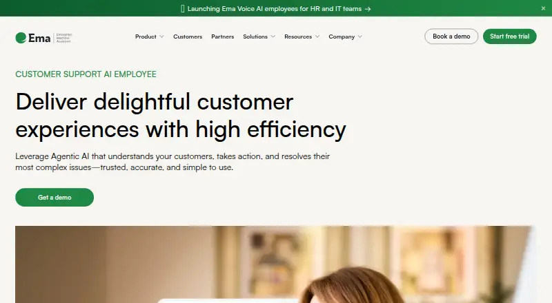 The Ema Customer Support AI Employee homepage