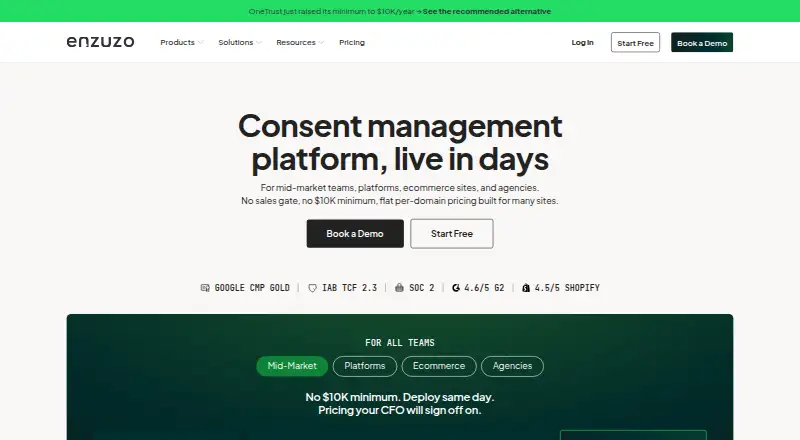 Enzuzo Consent Management's website