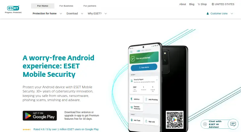 The ESET Mobile Security for Android homepage