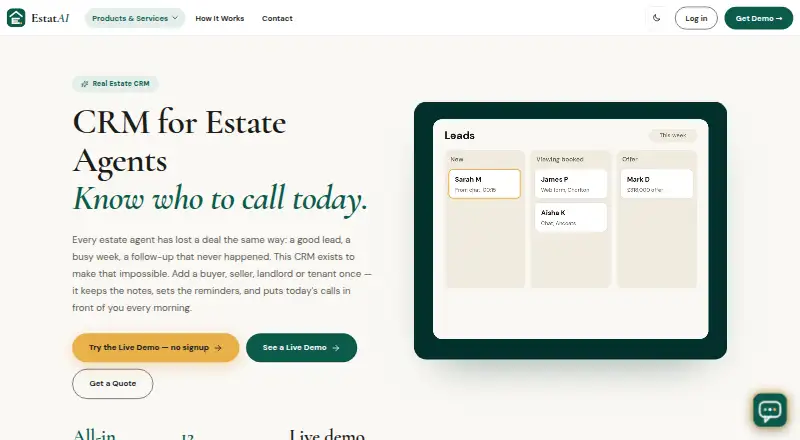 The EstatAI CRM homepage