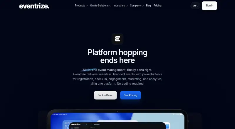 The Eventrize homepage