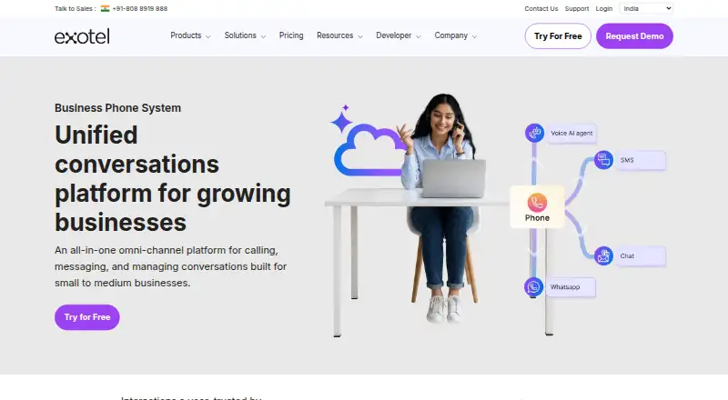 Exotel Business Phone System's website