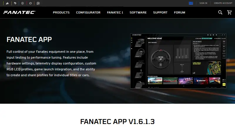 The Fanatec App homepage
