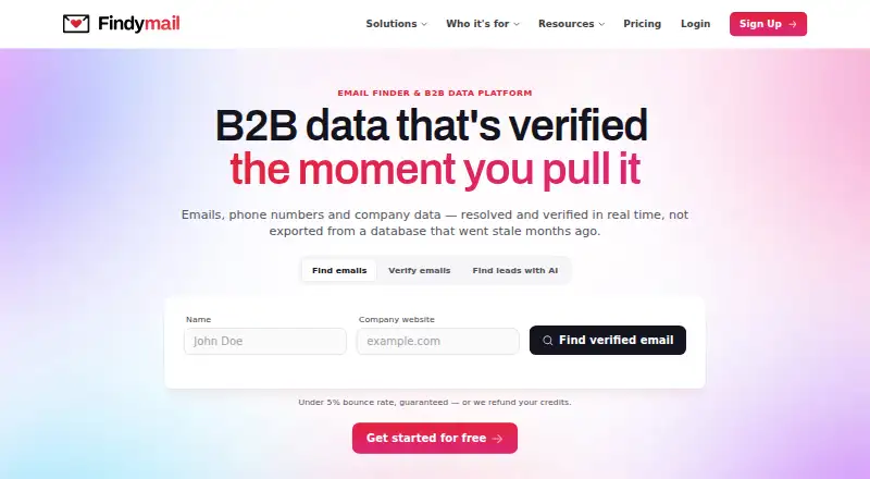 The Findymail homepage