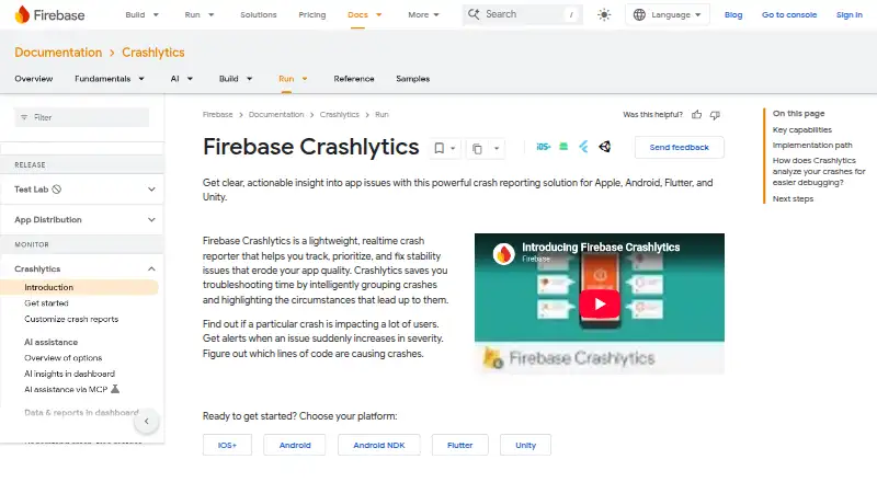 Firebase Crashlytics's website