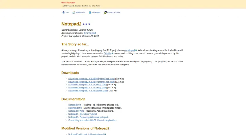 Notepad2's website