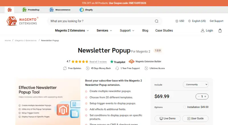 The Magento 2 Newsletter Popup homepage