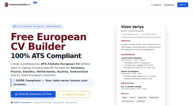 Free Resume Builder Europe's website
