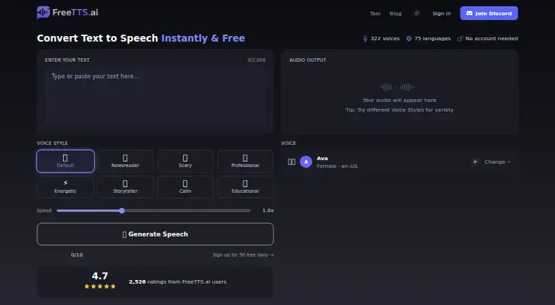 The FreeTTS.ai homepage
