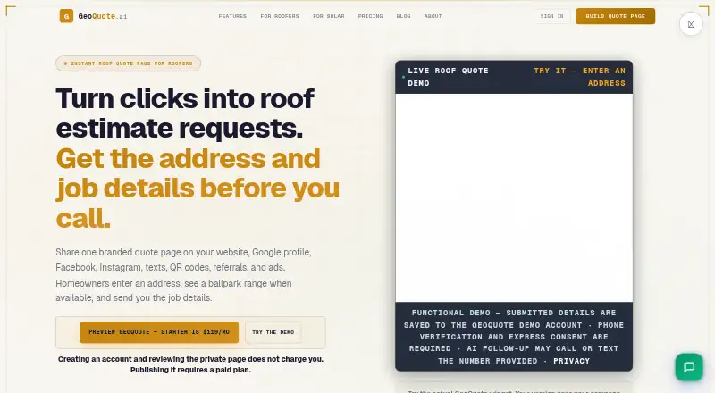The GeoQuote AI homepage