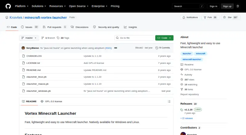 The Vortex Minecraft Launcher homepage