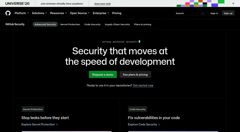 GitHub Advanced Security's website