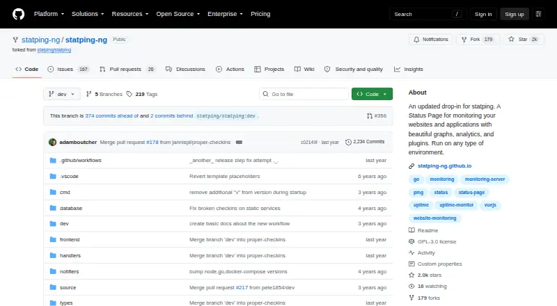 The Statping-ng homepage