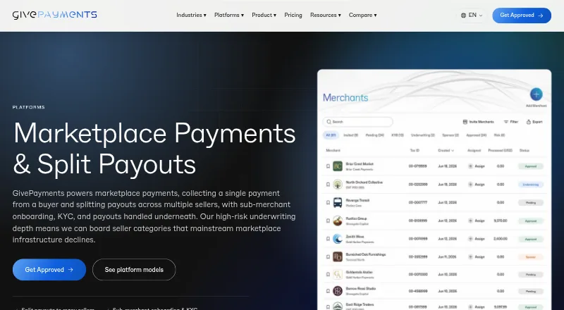 The GivePayments Marketplace Payments homepage