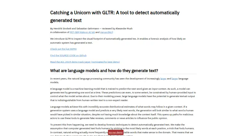 GLTR (Giant Language Model Test Room)'s website