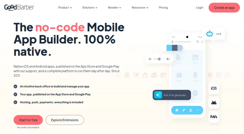 The GoodBarber homepage