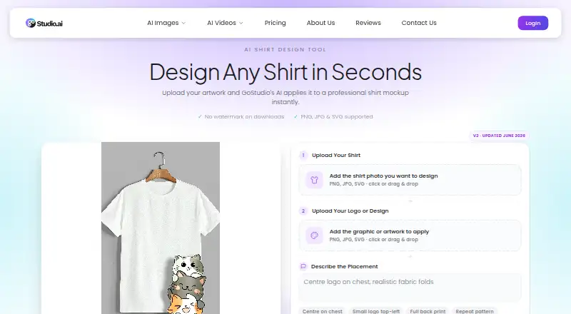 GoStudio AI Shirt Design Tool's website