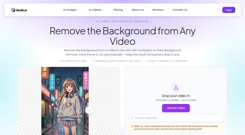 The GoStudio AI Video Background Remover homepage