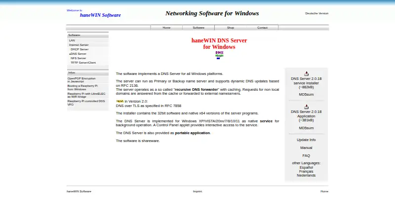 haneWIN DNS Server's website