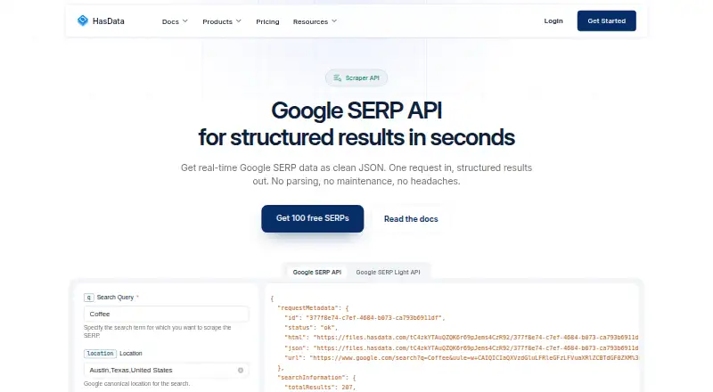 HasData Google SERP API's website