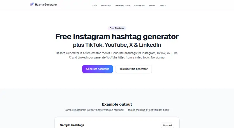 Hashta Generator's website
