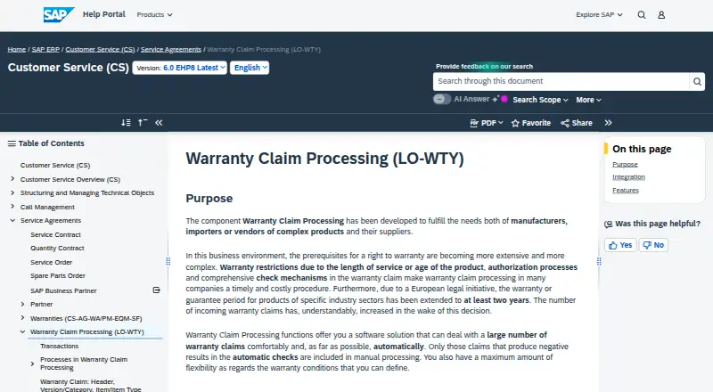 SAP Warranty Claim Processing's website