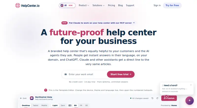 The HelpCenter.io homepage