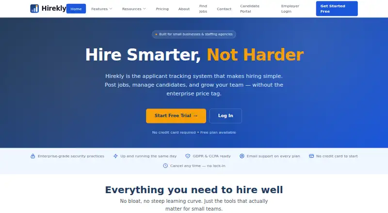 The Hirekly homepage