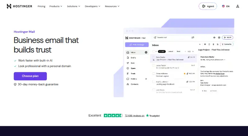Hostinger Business Email's website
