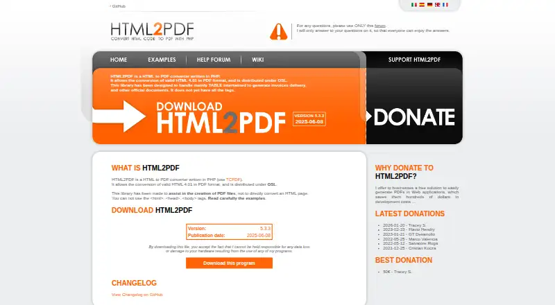 The HTML2PDF homepage
