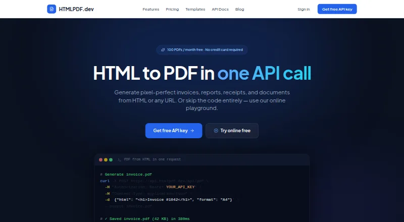 The HTMLPDF.dev homepage