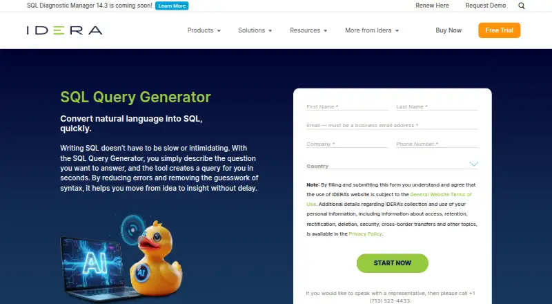 The IDERA AI SQL Query Generator homepage
