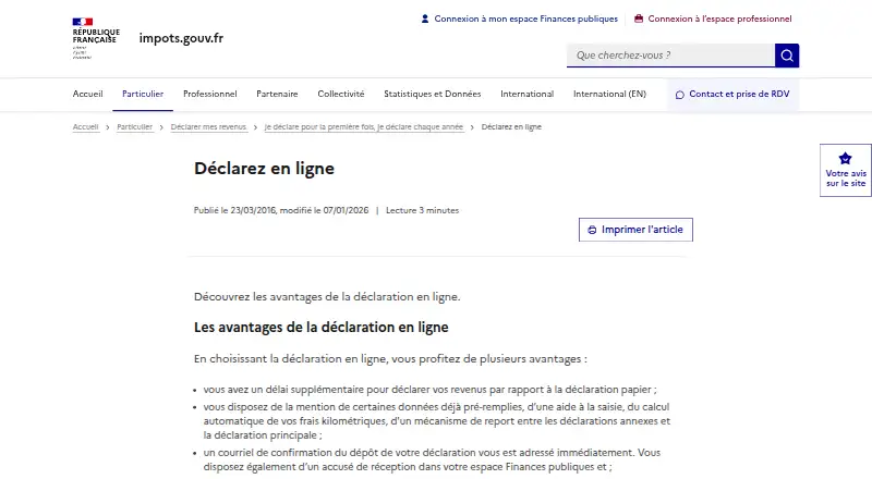 The Déclaration de revenus en ligne homepage