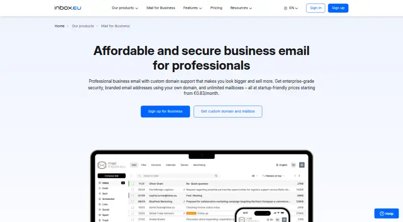 Inbox.eu Business Email's website